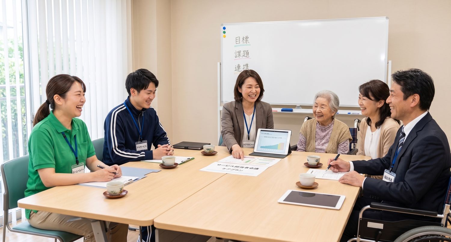 サービス担当者会議で、ケアマネジャーがご本人・ご家族とサービス事業者を交えてケアプランを検討している様子