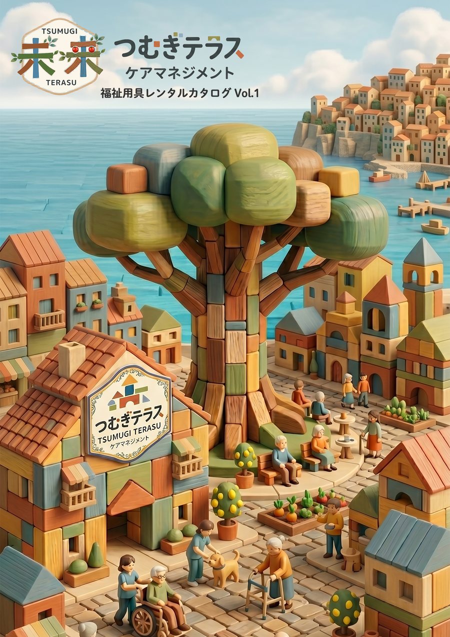 福祉用具レンタルカタログ Vol.1 の表紙。積み木で作られた海辺の街と大きな木のイラスト