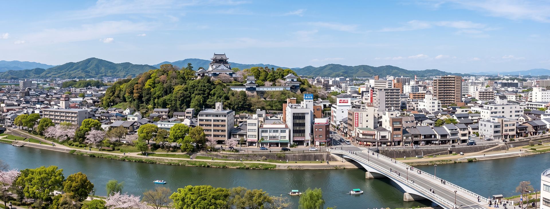川沿いに桜が咲く、城を望む街並み