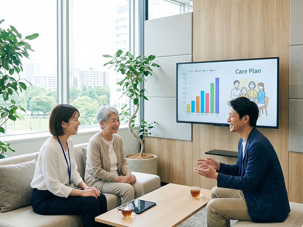 事業所の相談スペースで、画面を使いながらケアプランを説明している場面