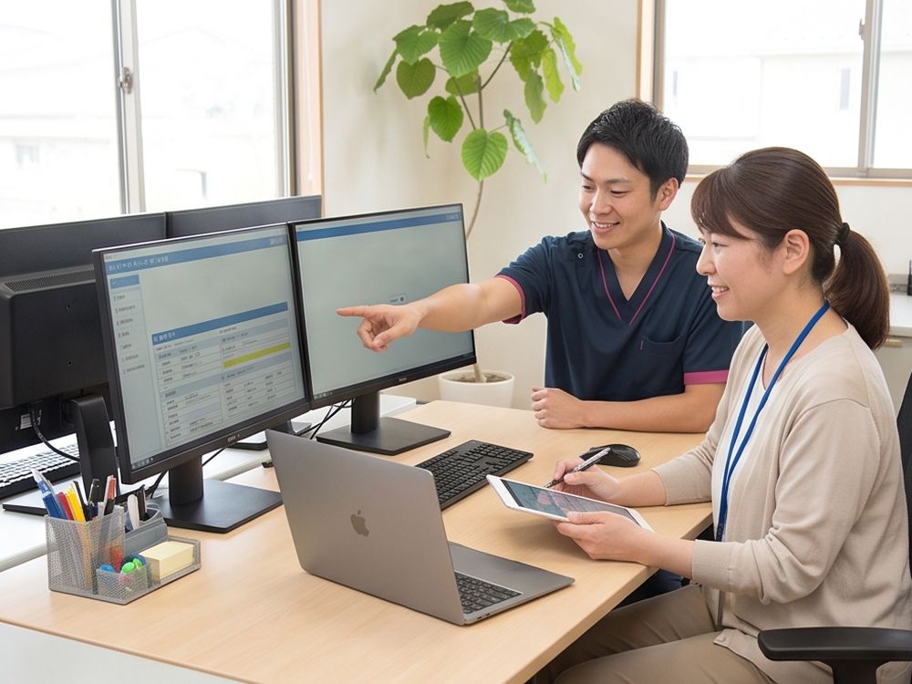 事務所で、記録システムの画面を見ながら職員同士で確認している場面