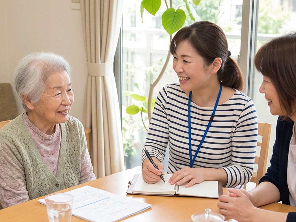 ご自宅で、ご本人とご家族から生活の様子を伺いながら記録している場面